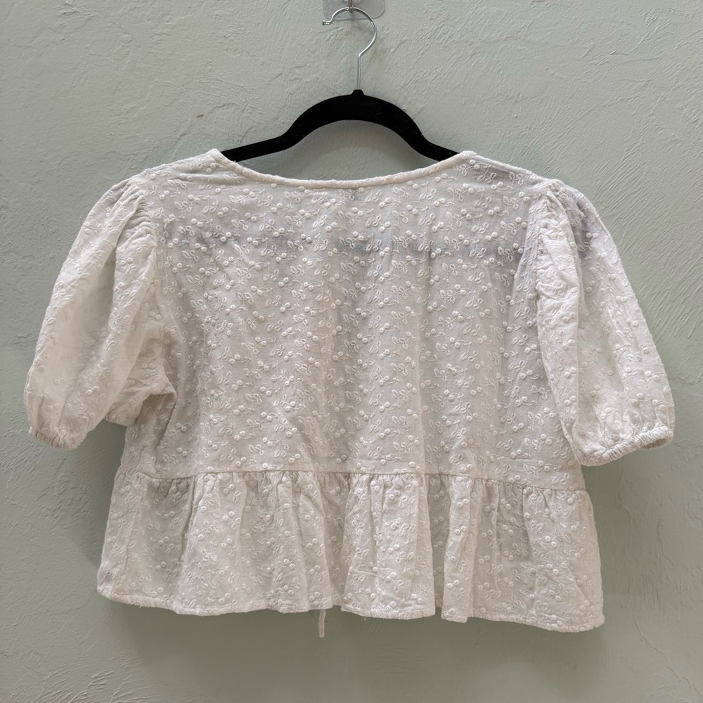 White Embroidered Tie-Front Peplum Top - Picture 5 of 5